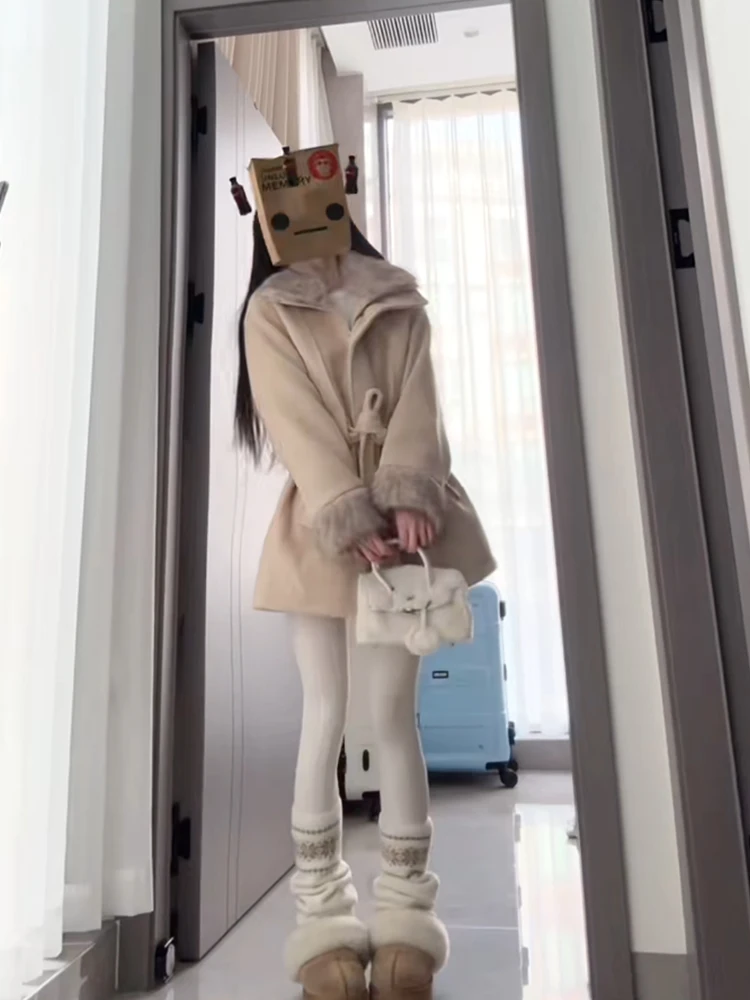 

Commute Sle Woolen Coat Women's Winter New Belted Waist Slimming Mid-Length Plaid Outerwear Flap Fur Collar Long Sve