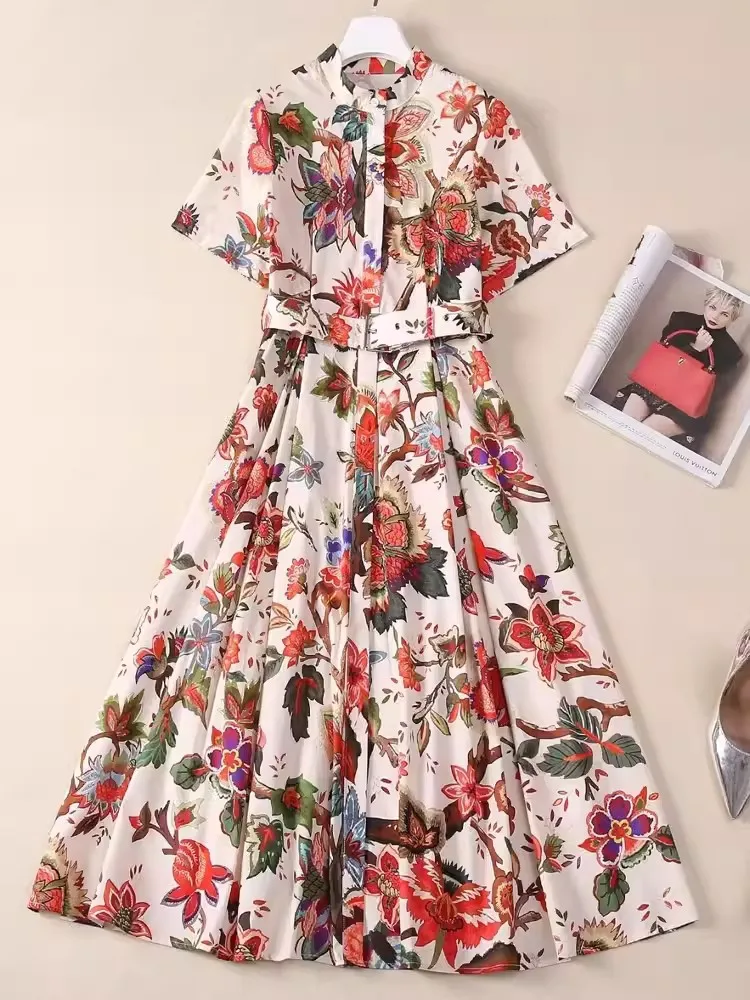 

Runway Fashion Summer Floral Print Dress Women's Lapel Short Sleeve Single Breasted Casual Belt Vintage Midi Robes Vestidos