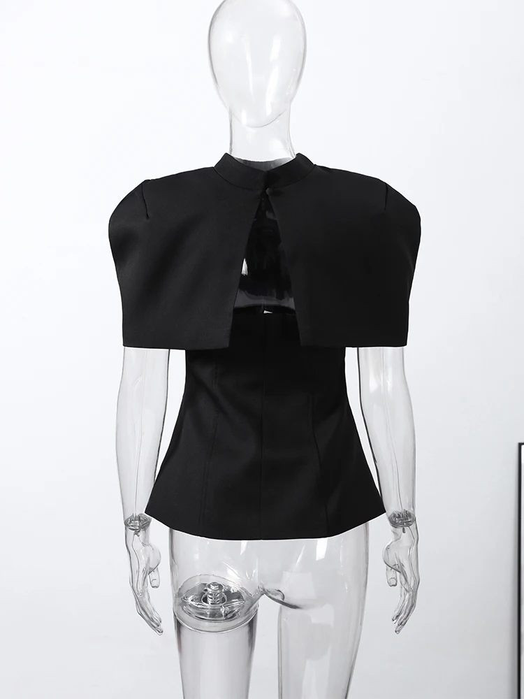 Halbrollkragen-Cape-Tube-Top-Anzüge für Damen, elegantes, kurzärmliges, schulterfreies Oberteil mit Taillenbetonung, schickes Büro-Outfit, Clubwear, Neu – Detail 8