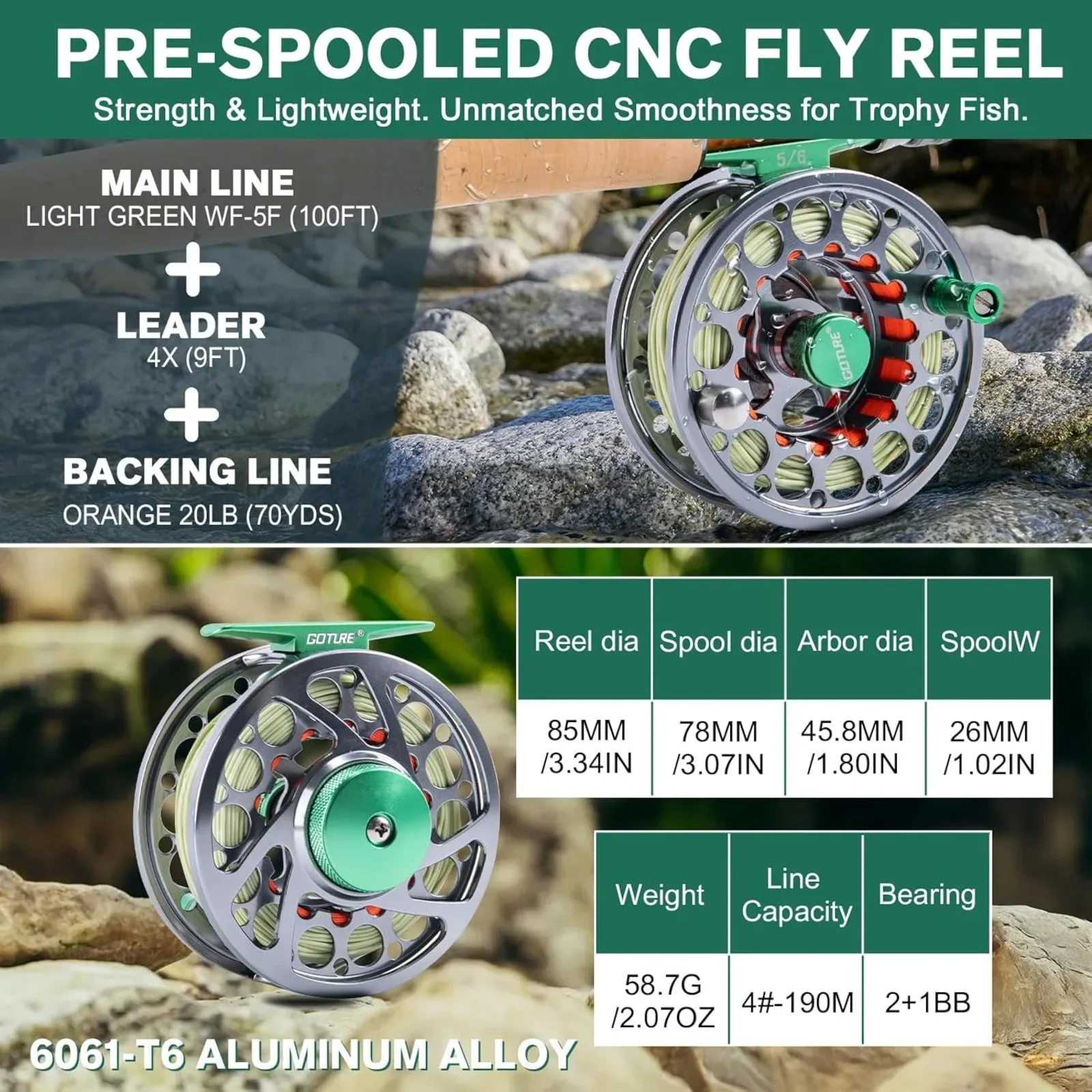 Kit pesca a mosca Goture – Caña carbono 9 pies y carrete CNC - imagen 2