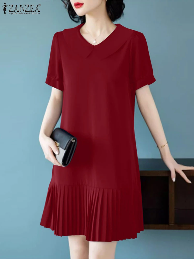 ZANZEA เกาหลีแฟชั่นจีบ Hem ชุดมินิลําลอง Peter-pan COLLAR ผู้หญิงชุดเดรสพัฟแขนสั้น Vestidos