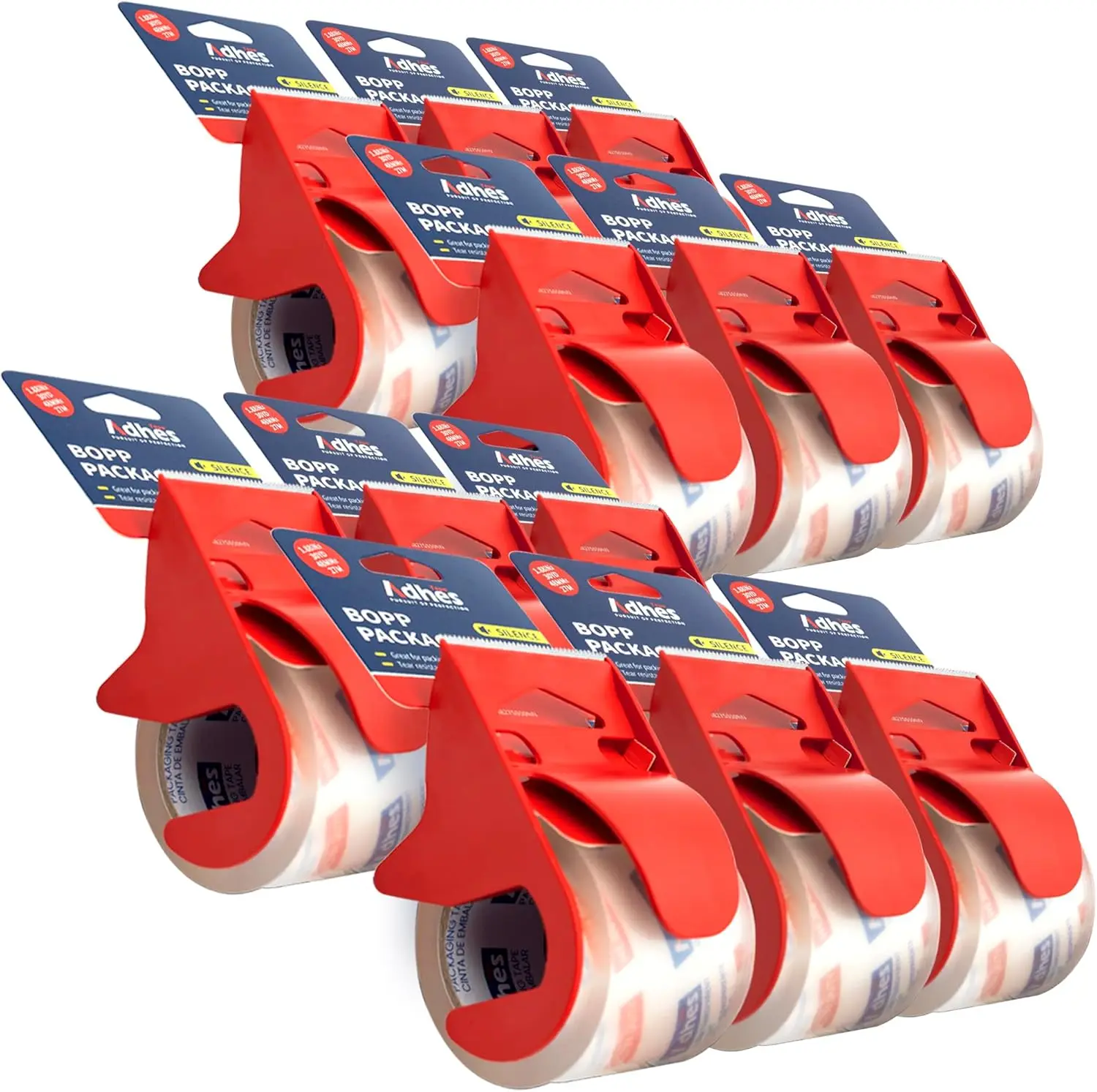 

ADHES No Noise Shipping Packing Tape, 48mm x 20m, 12 Tape Rolls with Dispensers, Heavy Duty Packing Tape for Moving Boxe