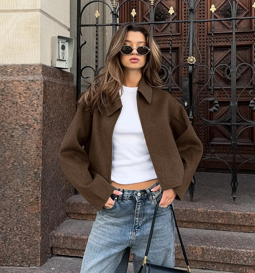 

Новое весеннее поступление, модное универсальное женское пальто, повседневное свободное шерстяное пальто на молнии с длинными рукавами, темперамент для