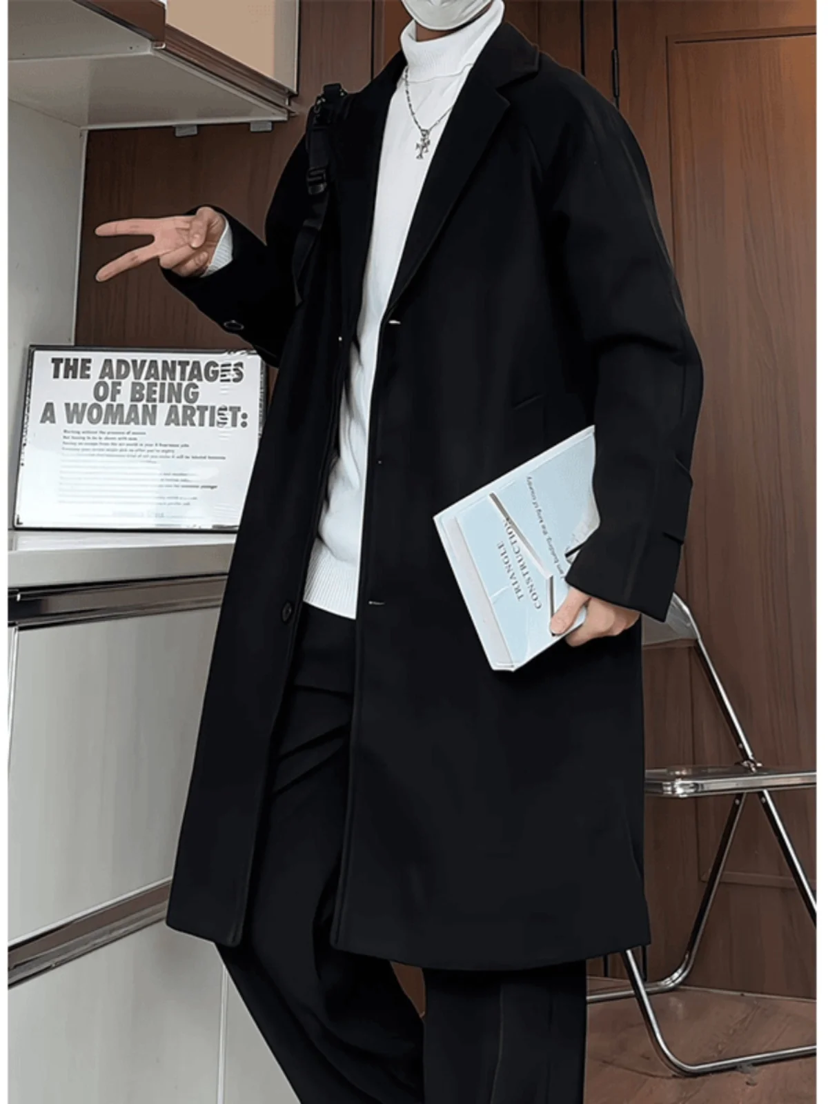 

elby Men's Mid-Length Woolen Coat Knee-High Briti Sle Preppy Teenager Overcoat Warm Polyester Fiber Straight Hemline