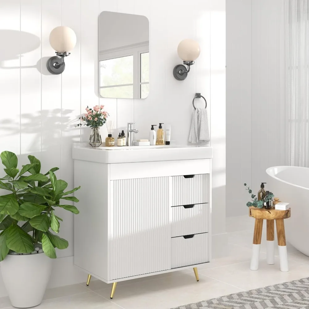 Bathroom Vanity with Sink, 31'' White Bathroom Sink Cabinet with Glide Door and 3 Drawers, Ceramic Sink Vanity Modern