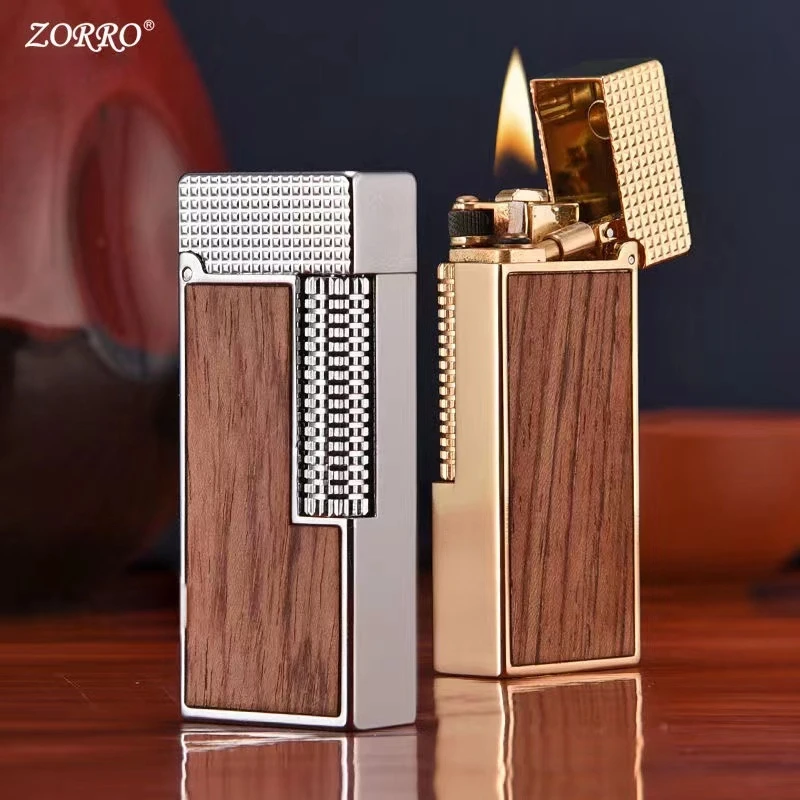 ZORRO Metal Narrow Edition Side Pulley Ignite Open Fire Kerosene Lighter Large Capacity Oil Bin Leather Yellow Pear Wood Process