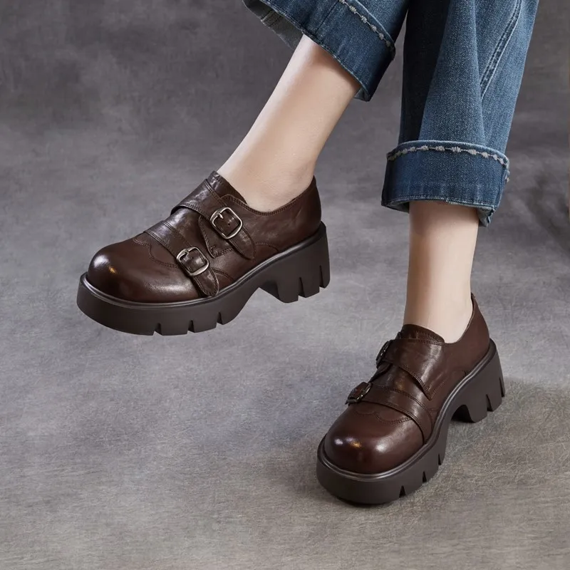 

Women Vintage Brown Genuine Leather Monk Strap Shoes Double Buckle Platform Women Loafers Chunky Sole Casual Brogue Shoes Women