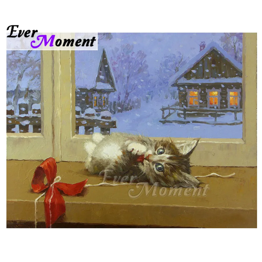

Алмазная картина Ever Moment, кошка, подоконник, снег, 5D DIY, картина, горный хрусталь, мозаика, полная квадратная дрель, алмазная вышивка ASF1845