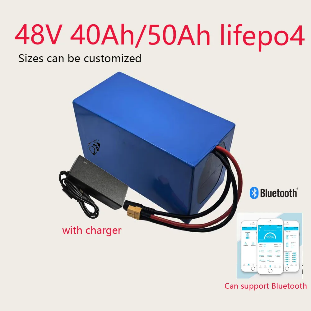 

48V 50Ah Lifepo4 48v 40AH lithium battery Bluetooth BMS APP 16S for 2000w Scooter bike tricycle boat go cart +10A charger