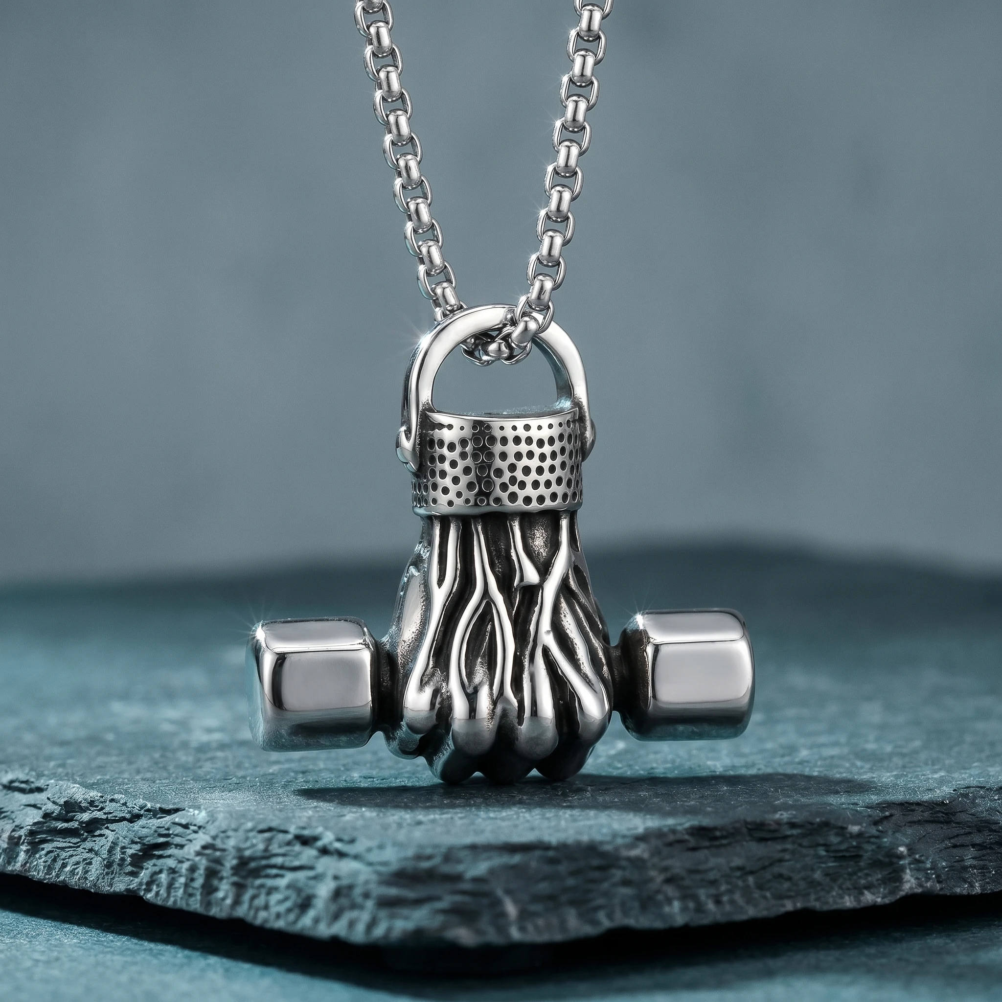 Silvery Stainless Steel Muscle Hand Dumbbell Pendant Necklace Fitness Gym Workout Motivational Jewelry Gift For Men