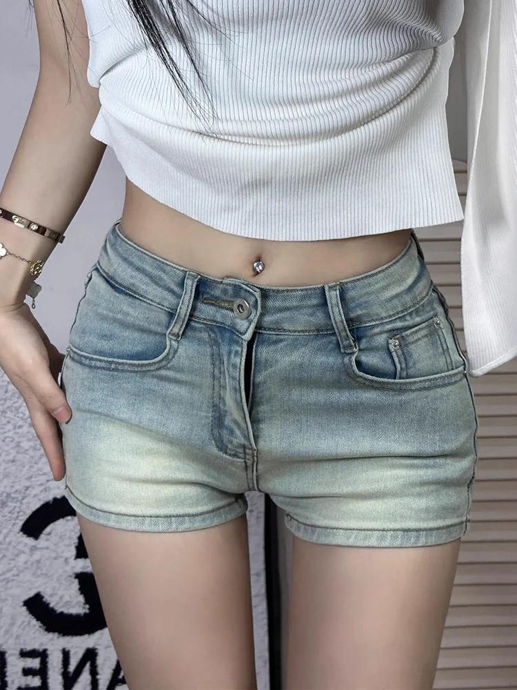 Summer Vintage Washed Distressed Sexy Shorts for Women New Blue Basic Button Simple Casual Fashion Slim XS-XL Female Jean Shorts