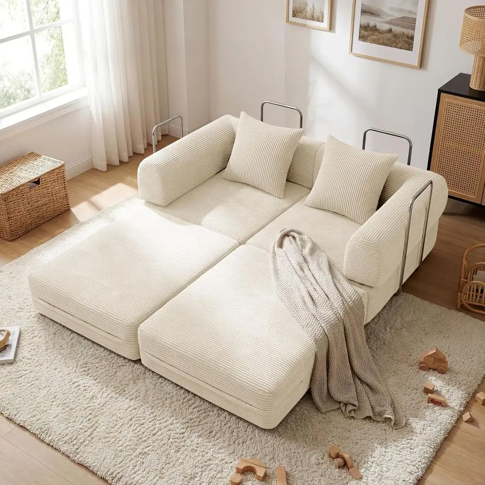 

Convertible Corduroy Queen Sofa Bed with Pull-Out Loveseat Sleeper, 59 Eastern Bonel, 5-in-1 Floor Mattress Cloud Couch, No Asse