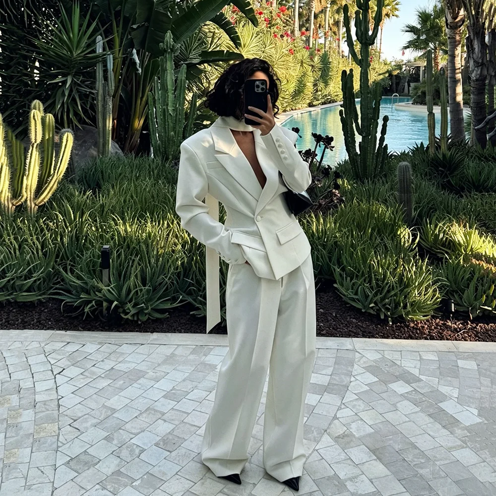 

Luxury White Pants Suit For Woman 2 Piece Set Solid Jackets Pants Female Chic Pants Sets Smart Casual Office Lady Outfits