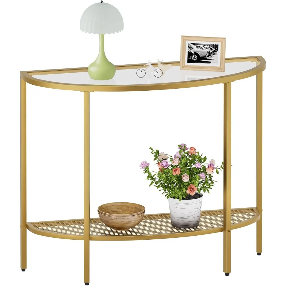 Glass Half Moon Console Table 2 Tier Narrow Entryway Table with Gold Metal Frames, Modern Couch Table Small Entry Way Tables, E