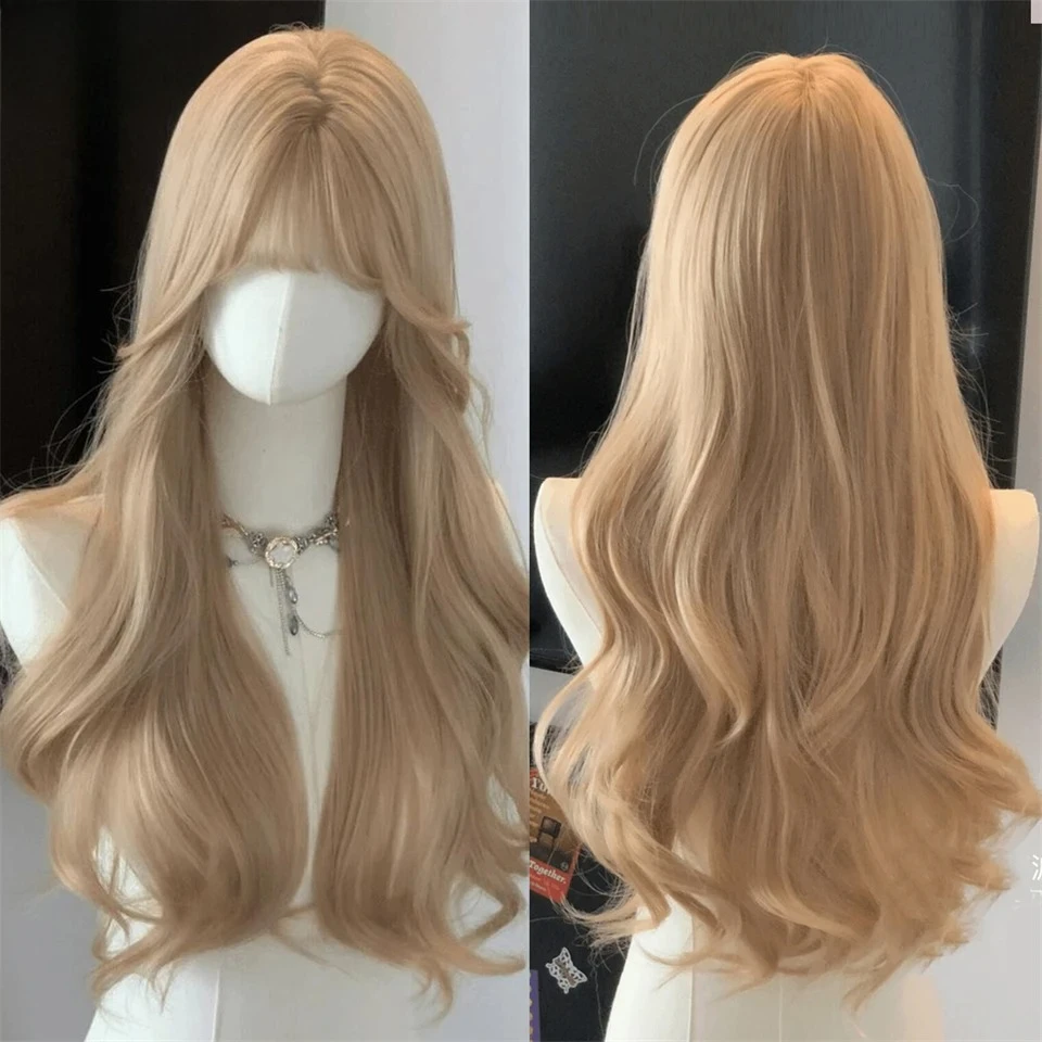 LM Curly Long Wavy Black Blonde Highlights Synthetic Hybrid Wig With Fluffy Bangs Suitable For Women Daily Use