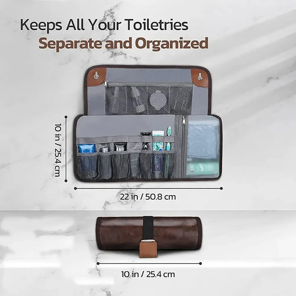 Travel Toiletry Bag for men, PU Leather Water Resistant  Universal Personal Hygiene Bag Roll Up Dopp Kit,Travel Essentials