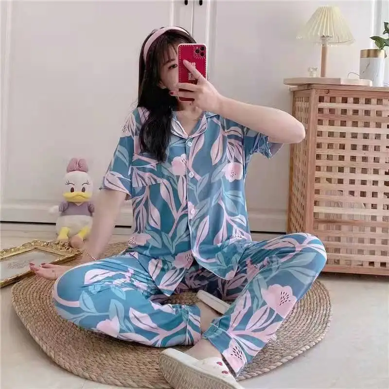 Spring and summer milk silk pajamas women's short sleeved trousers home wear 2024 new large print casual lovely sweet suit
