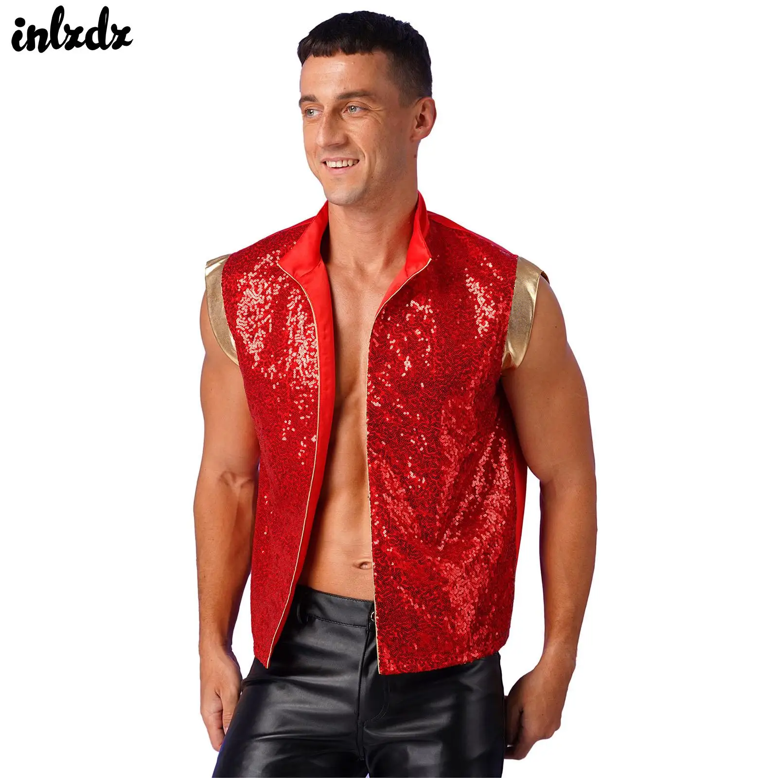 Mens Shiny Sequin Glitter Open Front Metallic Waistcoat Indian Arabian Prince Fairy Tales Cosplay Costume Sparkly Sequined Vest