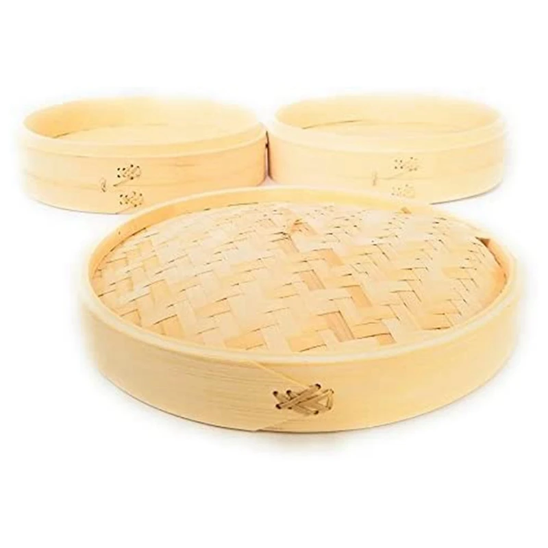 6 Piece Set - Bamboo Steamer Basket - Dumpling & Bun Steamer - Great For Cooking, Buns, Dim Sum, Vegetables, Fish