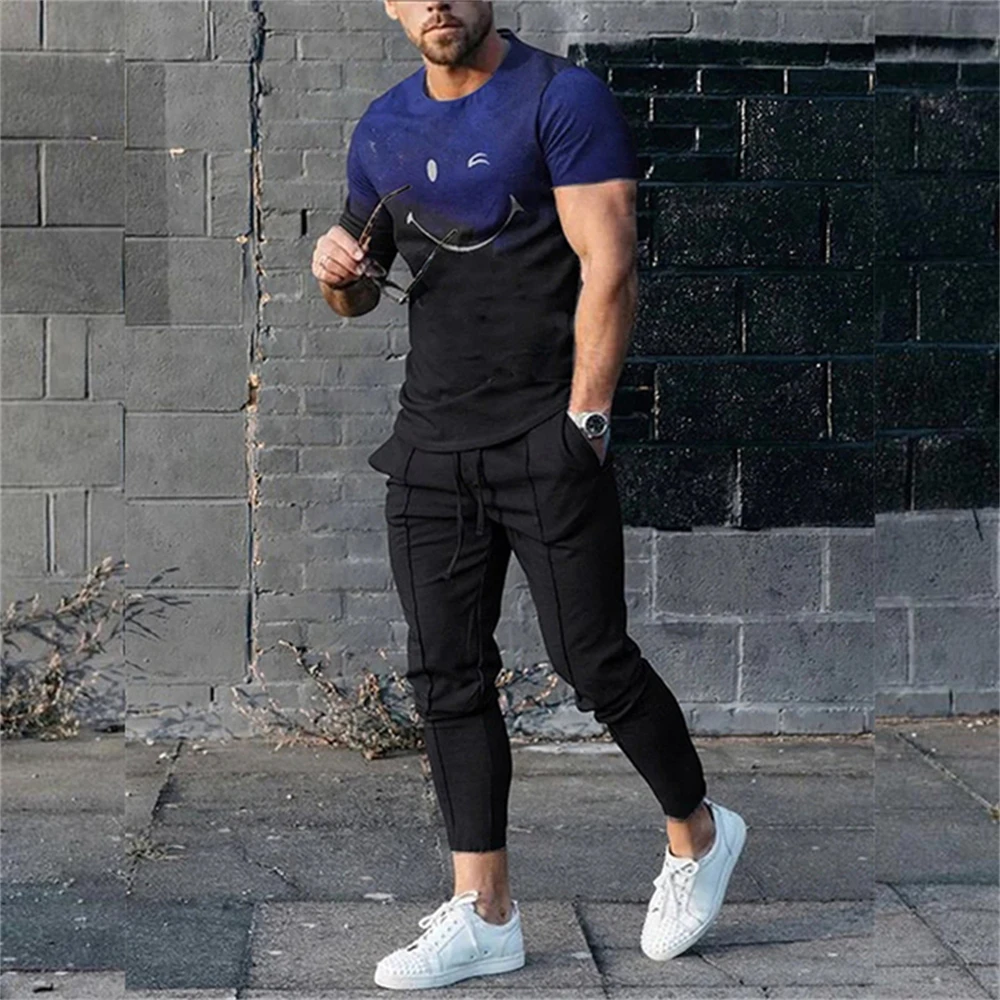 2024 Men\'s Summer Tracksuit 2 Piece Sets Short Sleeve T-Shirt+ Sweatpants Trousers Set Fashion Men Oversized Streetwear Clothing