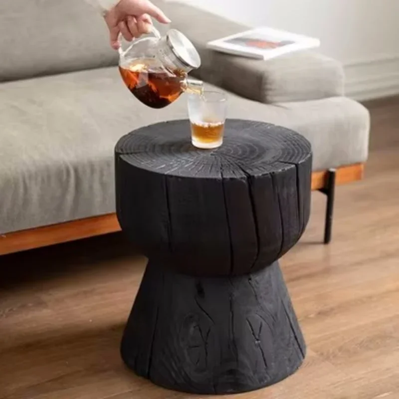 Solid Wood Pier Carbonized Black Log Low Stool Tea Table Stool