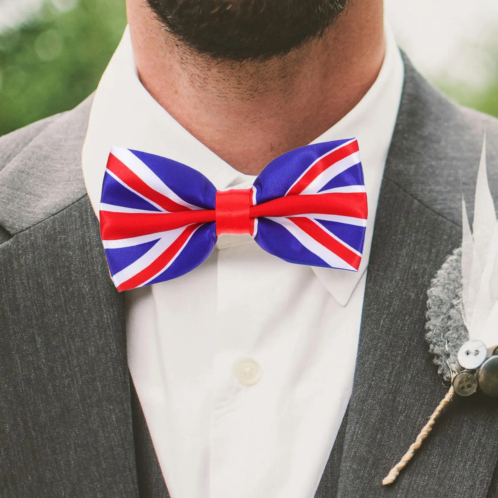 Union Jack Decor เสื้อผ้าสําหรับผู้ชายรักชาติ Bowknot Flag UK พิมพ์ Cravat จัดเลี้ยง