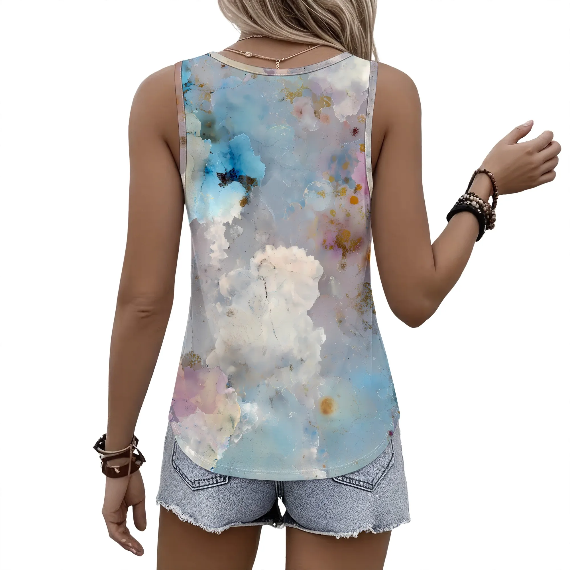 Watercolor Print Tank Top, Abstract Art Sleeveless Shirt, Pastel Cloud Pattern Blouse, Summer Casual Wear for Women, S-2XL