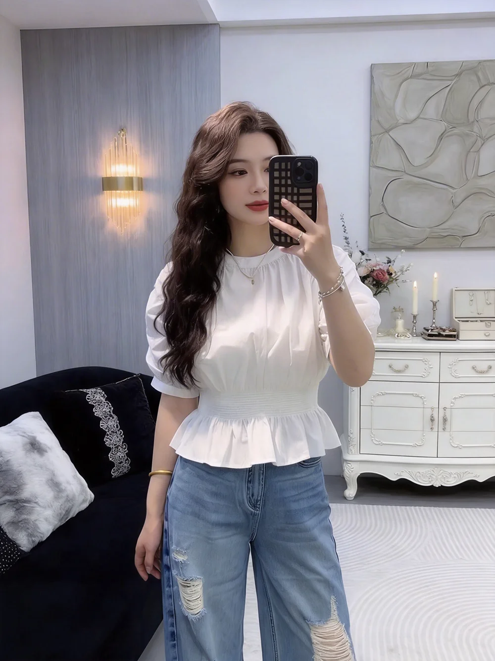 

Korean Sle Casual Loose White Bubble Sve Top Women's Summer irt Lazy Sle Design Waist Cinched ort Sve round Ne