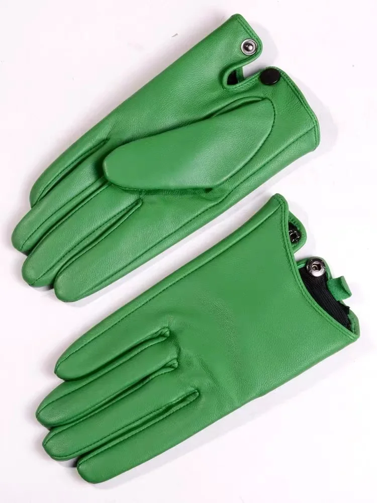 Leather White Gloves For Men Male Genuine Sheepskin One Button Short Mittens Green Repair Use Mobile Phone Arm Warmers