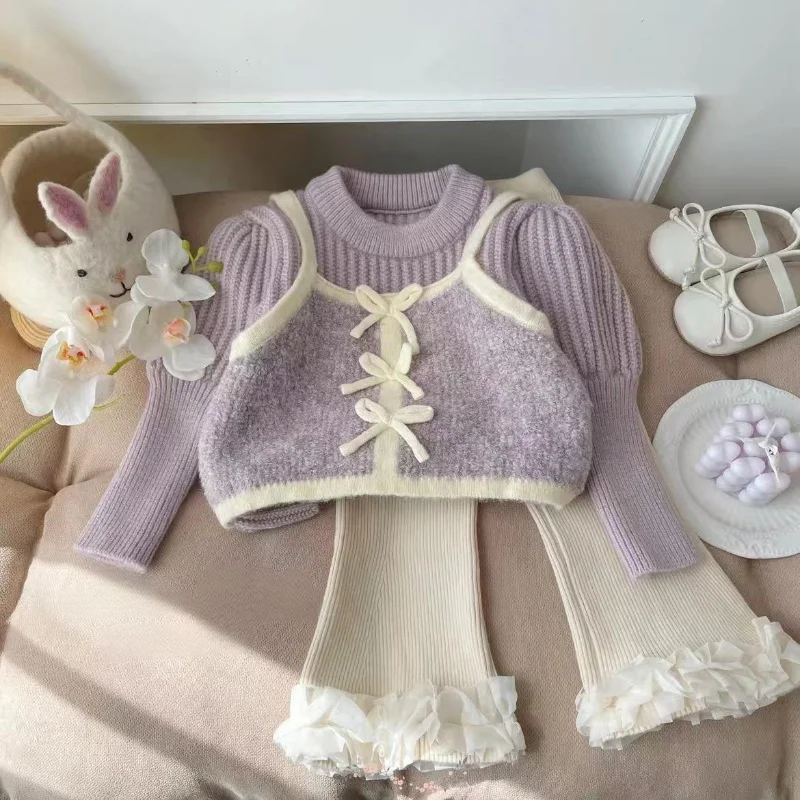 

Korean Version Purple Fake Two-piece Pullover Knit Sweater+fashionable Bell Bottom Pants With Fleece Set for Girls Autumn New