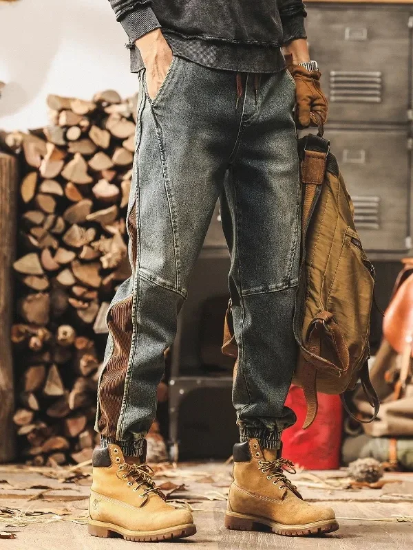 

American Retro Loose Casual Men's Jeans Elastic Waist Trousers Spring Autumn New Style Patchwork Workwear Harlan Pants