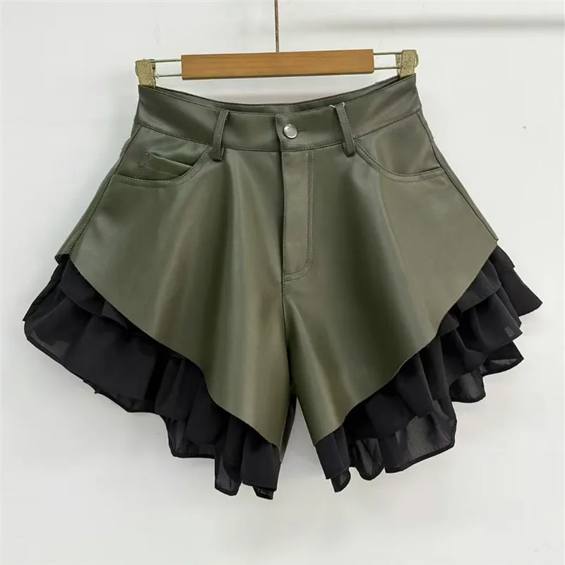 WTHT Trendy Summer 2026 Women's Double-layer Spliced PU Leather Shorts Fashion A-line High-waisted Short Pants Female 1LS3101