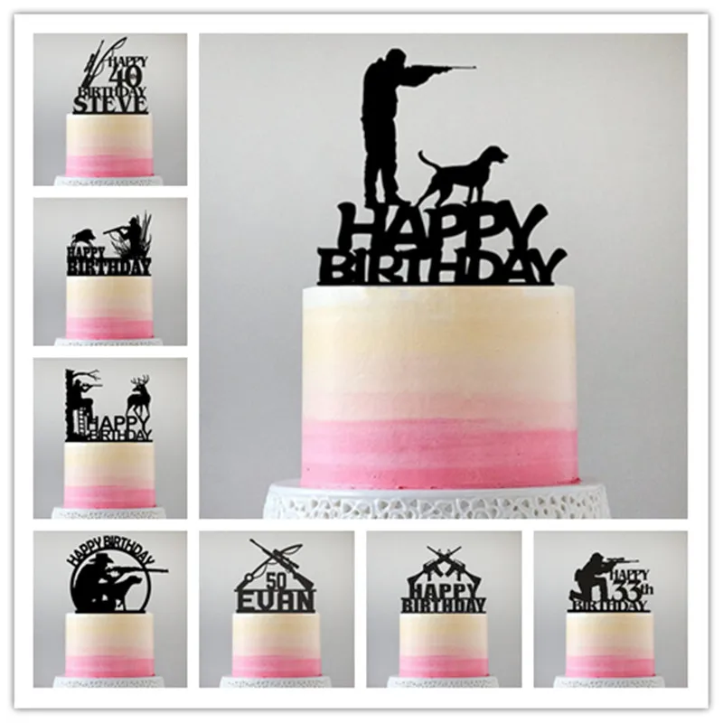 Gun Theme Happy Birthday Cake Topper Hunter With Gun With His Hunting Dog  Birthday Cake Topper for Boy\'s Men\'