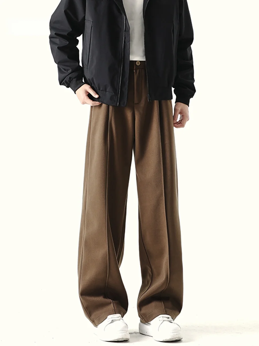 American Style Thickened Brown Starry  Woolen Casual Sweatpants Men's Autumn Winter Thickened Wrinkle Loose Straight Leg P...