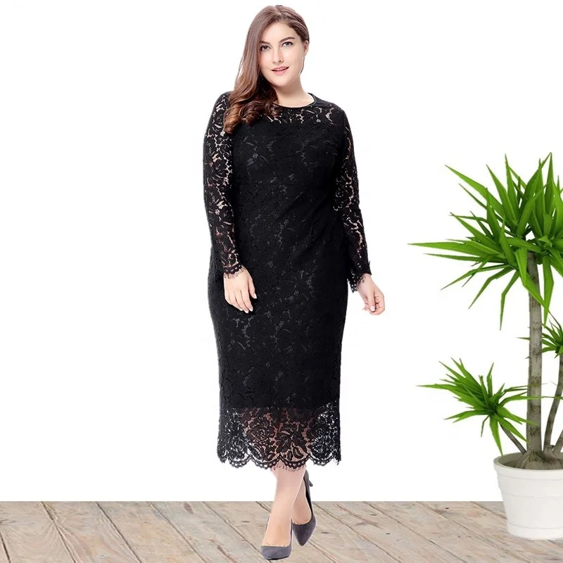 High Quality Fabric Cotton Long Sleeve Plus Size Maxi Party Evening Lace Dress For Elegant Ladies