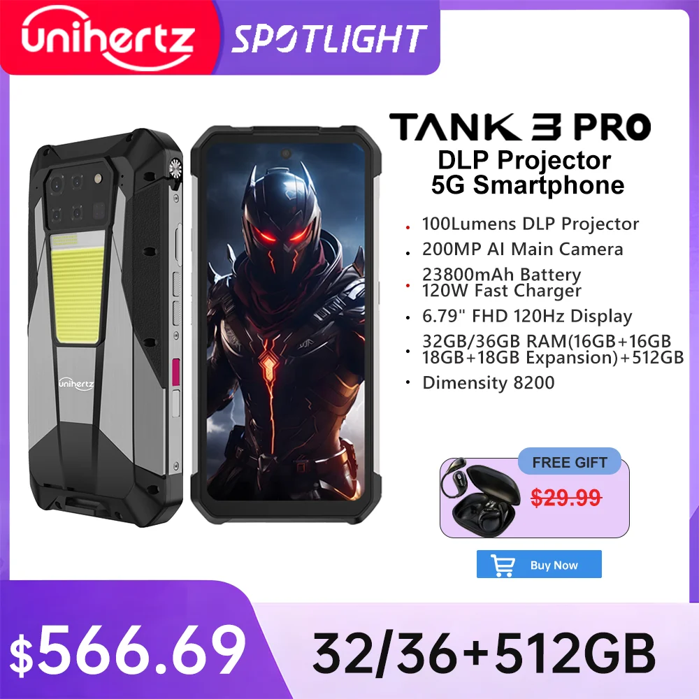 Unihertz Tank 3 Pro 8849 with 100 Lumens 120Hz Projector ,32GB/36GB RAM,512GB ROM,23800mAh 120W Fast Charger,5G,200MP Camera