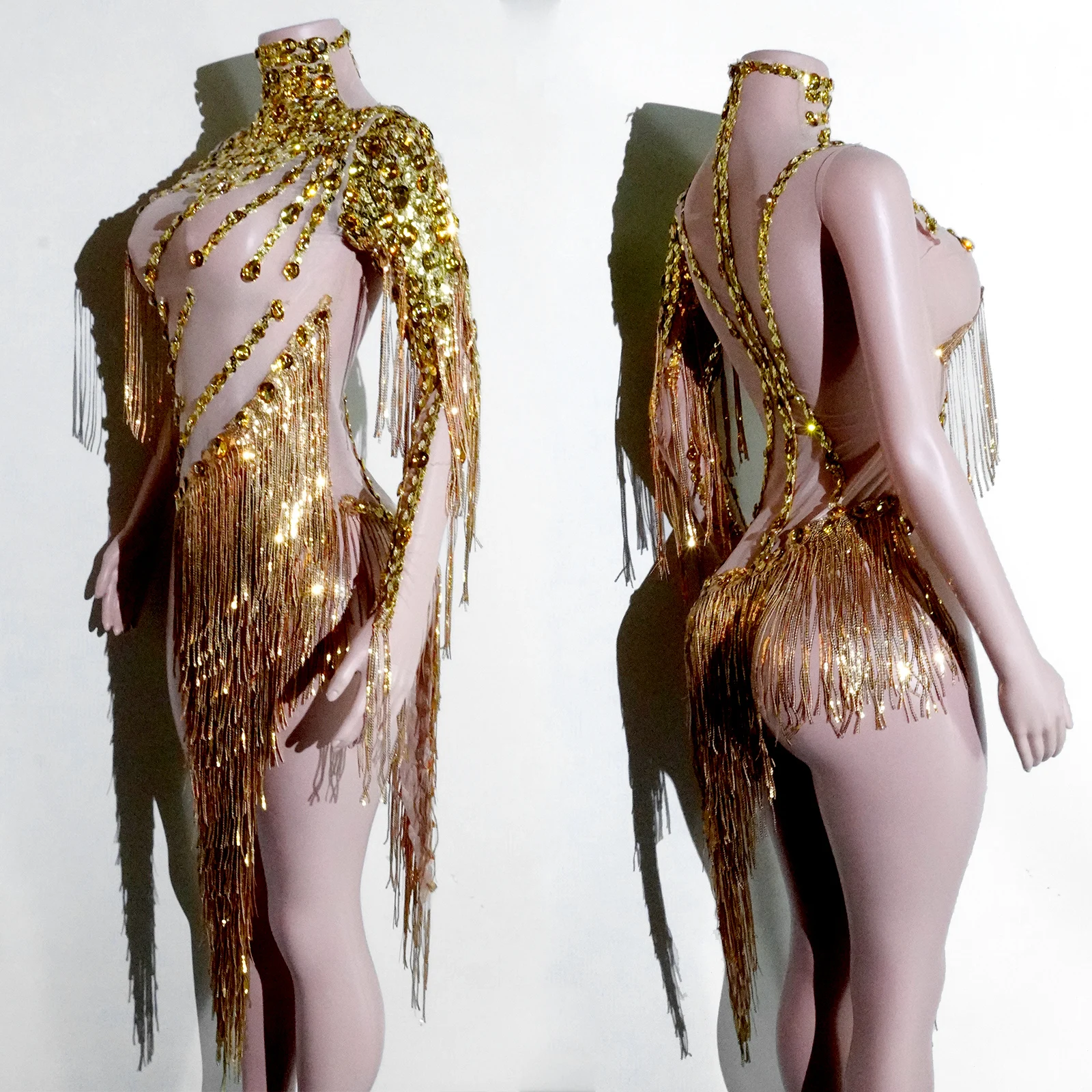 Seksowna, siateczkowa, prześwitująca, złota sukienka na jedno ramię z dżetami, sukienka do tańca, dla piosenkarki, z frędzlami, trykot, spódnica na imprezę, strój sceniczny na urodziny.