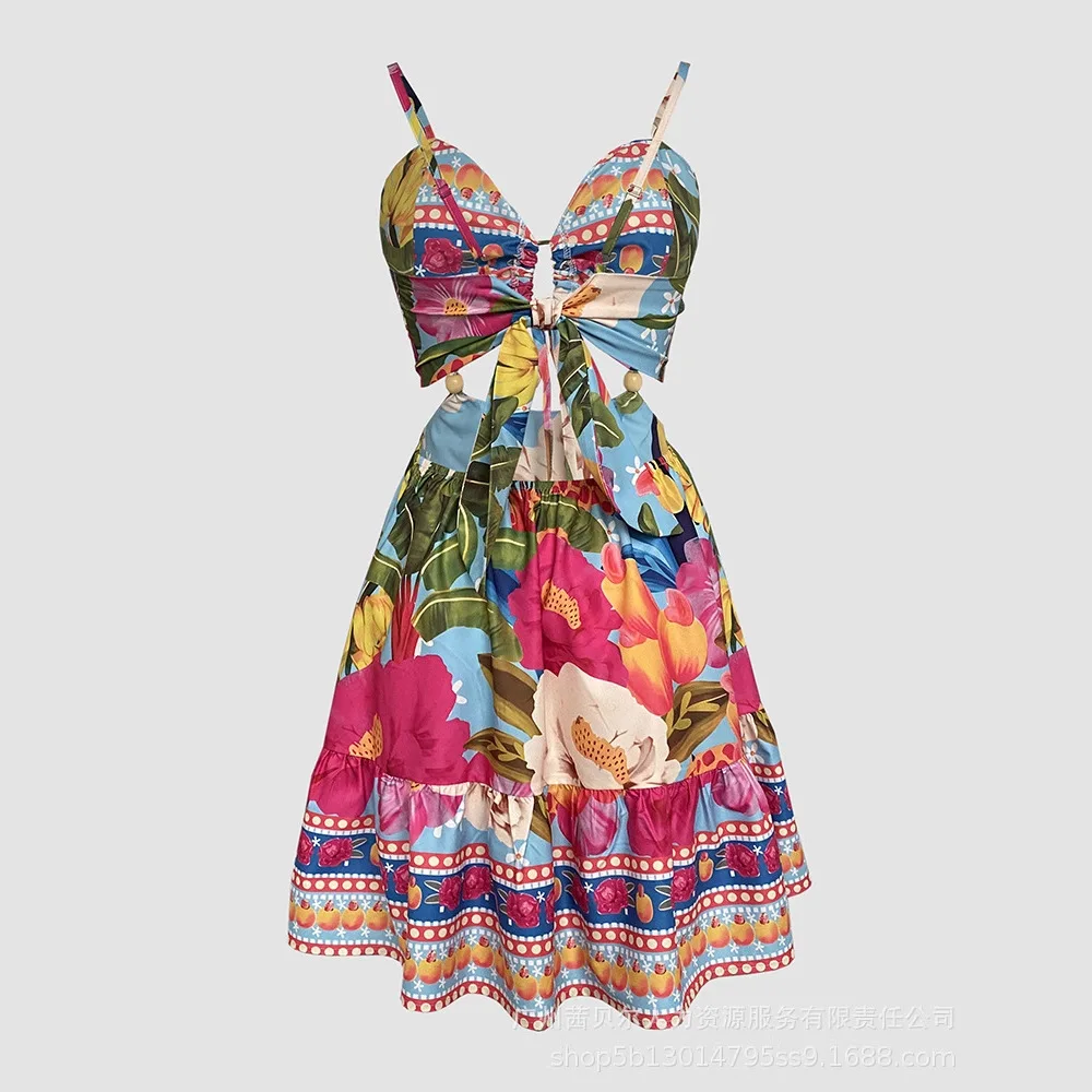 여성 섹시 바디콘 패션 스파게티 스트랩 타이 백 홀터넥 허리 트로피컬 프린트 드레스 휴가 드레스