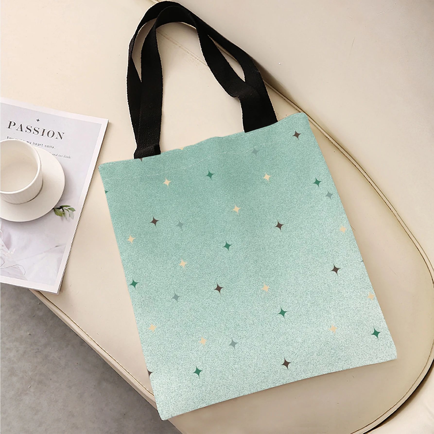 Gradient Mint Green Four-pointed Star All Over Print Tote Bag With Black Shoulder Straps For Shopping And Daily Use
