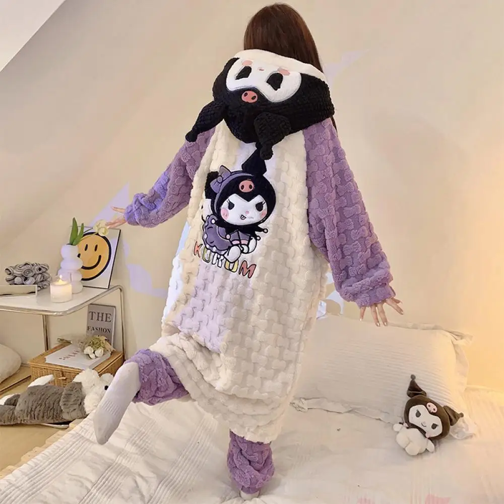 

2025 Winter Coral Velvet Kuromi Women Hooded Nightgown Pants Sanrio Cinnamoroll Thickened Cartoon Girls Student Cute Homewear