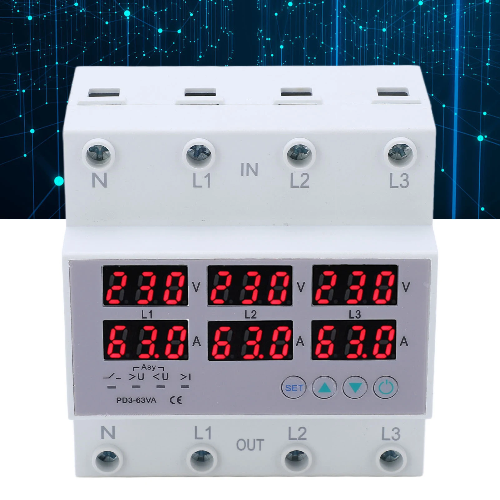

3 Phase DIN Rail Voltmeter Ammeter Automatic Overvoltage Overcurrent Protector AC 390‑500V 63A/40A
