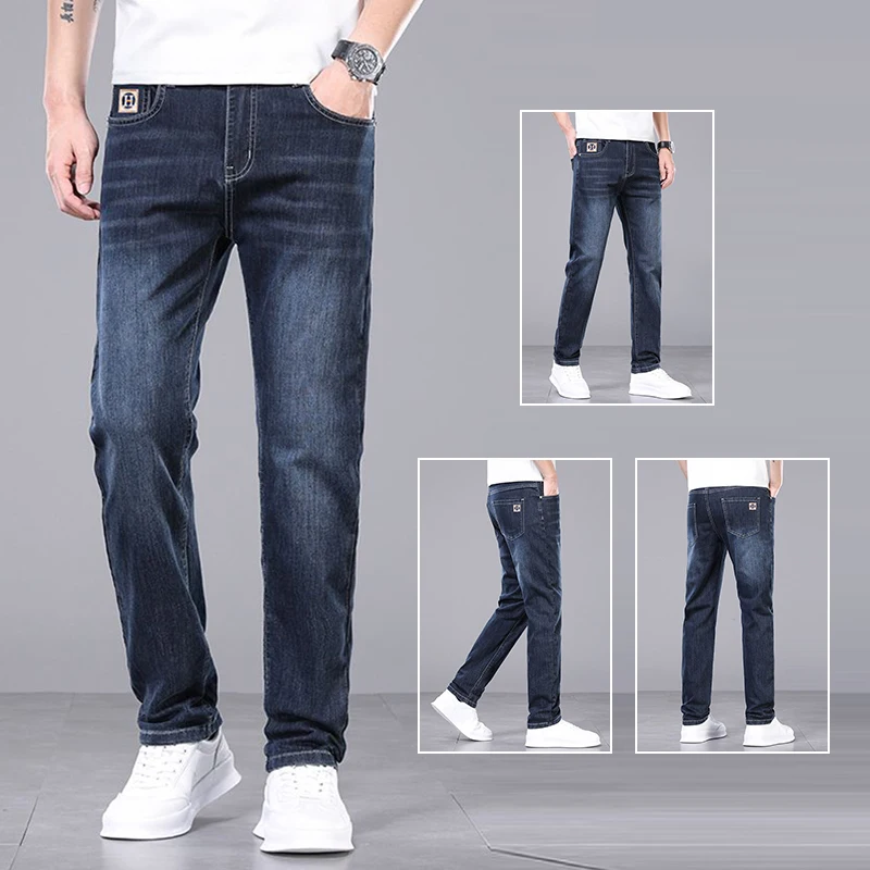 

Мужские эластичные темпераментные джинсы, весенне-осенние мужские универсальные свободные прямые джинсовые брюки, модные сине-серые выцветшие синие брюки