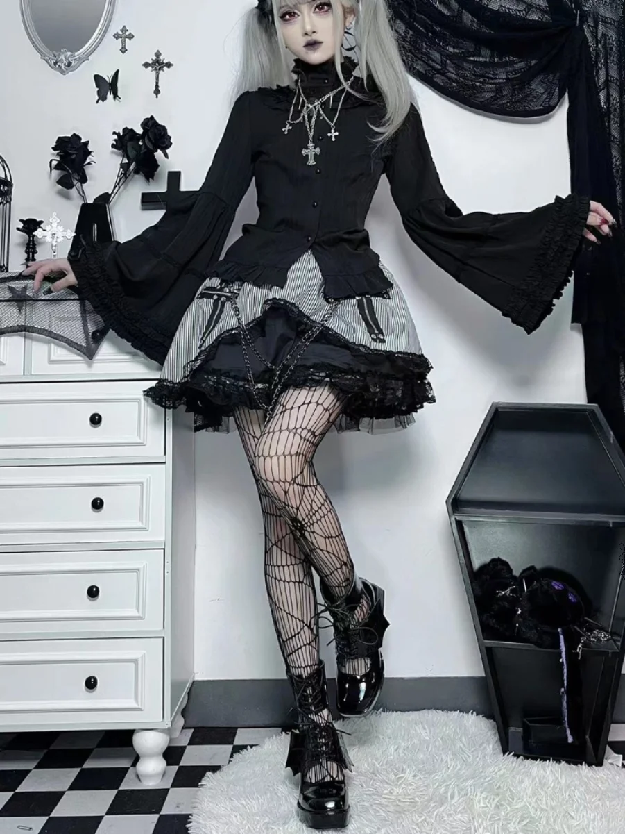 

Dophee Original Long Sleeve Stand Collar Black Blouses Women Flare Sleeve Basic Shirts Gothic Subculture Top Singing Clothes