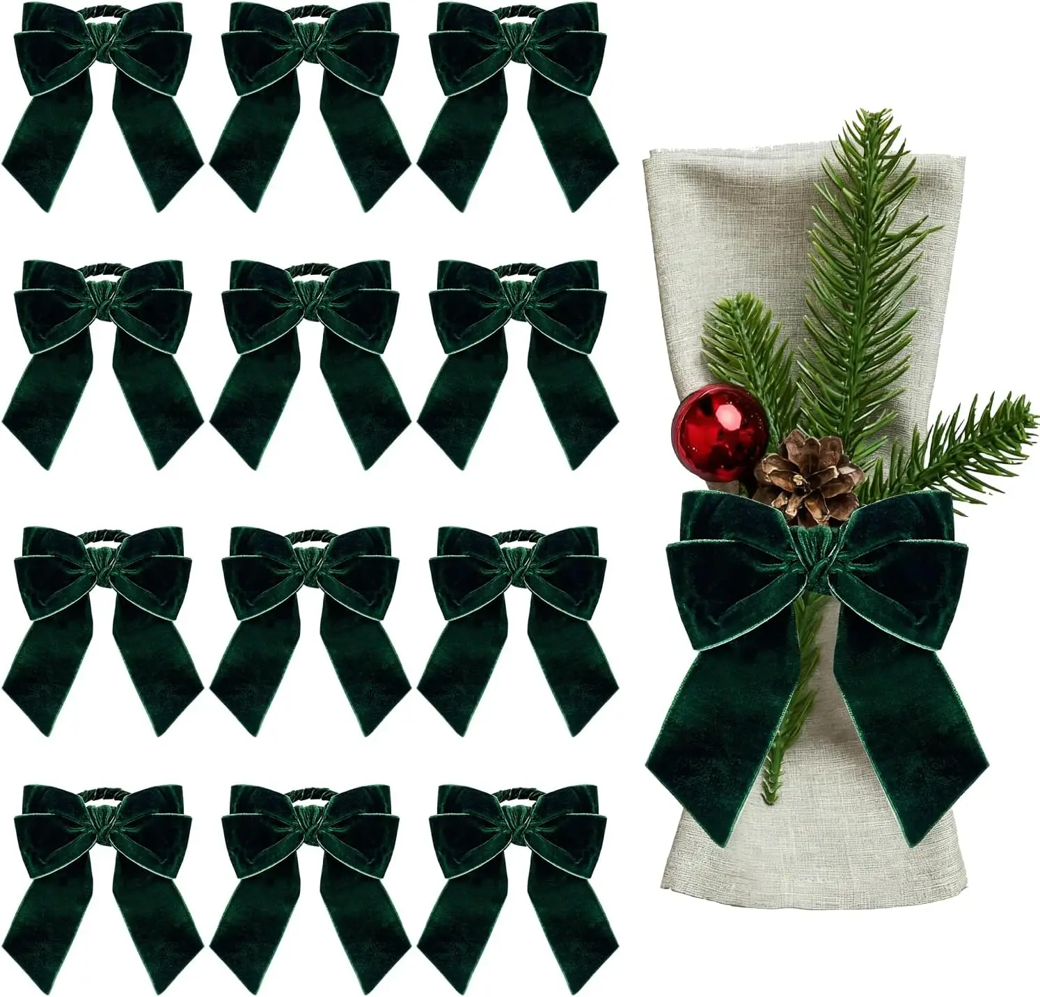 

12pcs Green Bow Napkin Rings Napkin Holder Chic Velvet for Dinning Table Setting Christmas, Banquet, Party,and Home Kitchen