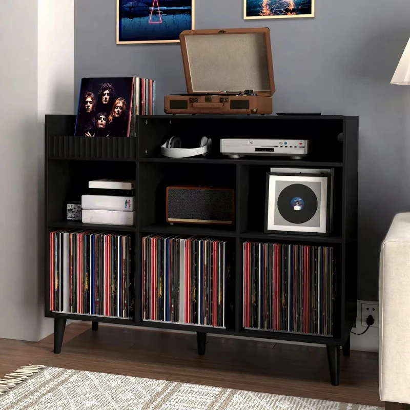 

Black large record player stand cabinet with charging station and Usb port turntable stand modern home living room furniture
