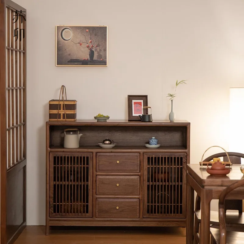 

New Chinese-style solid wood side cabinet storage storage cabinet living room black walnut tea cabinet living room wall