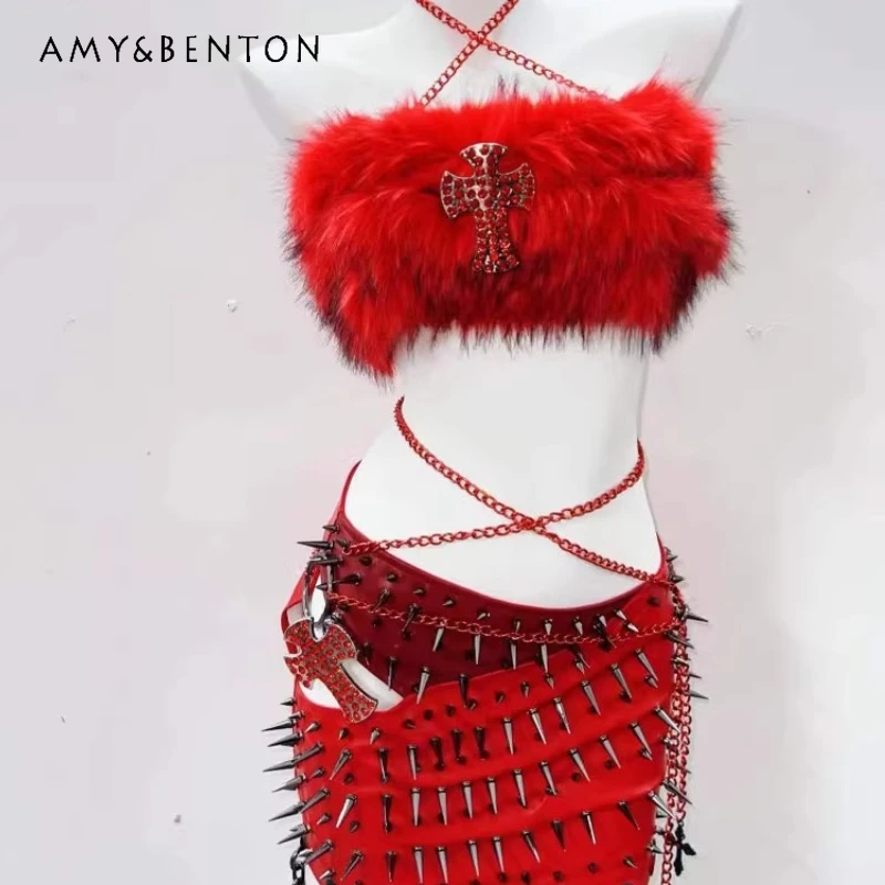 

Europea American Y2K Sweet Cool Hot Girl Red PU Leather Women's Halter Vest Original Design New Dark Punk Skirt Suits Ladies
