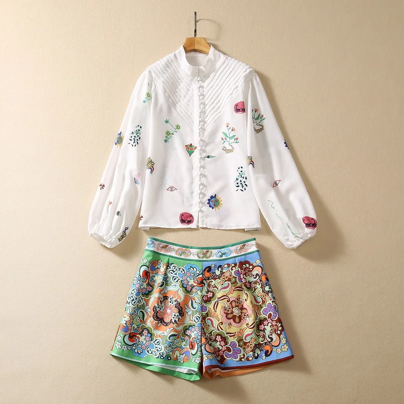 

European and American women's clothing 2023 autumn new Long-sleeved stand-up collar shirt Court printed shorts Fashion suit