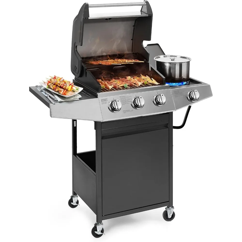 BBQ Grill Propane with Side Burner, Porcelain-Enameled Cast Iron Grates, 3 Burners Stainless Steel Camping Barbecue Grill