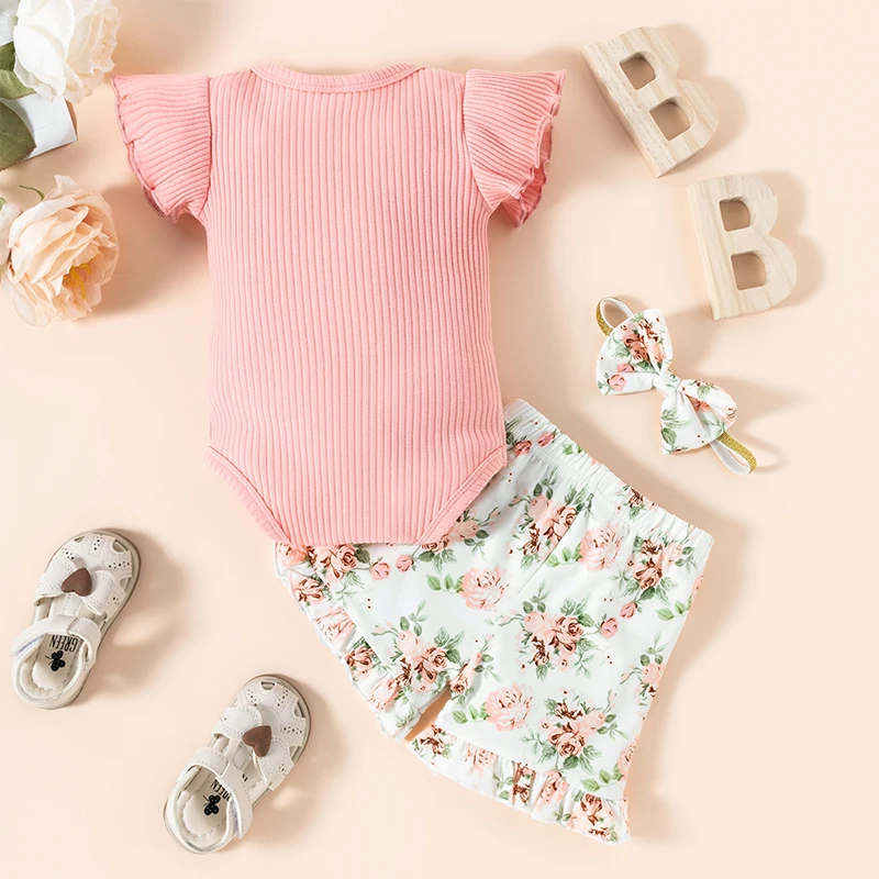 

Newborn Baby Girl Clothes Letter Print Fly Sleeve Romper Floral Short Pants Headband Infant 3Pcs Summer Outfit